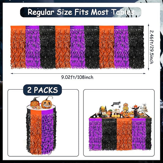 Halloween Party Decorations, 2 Pack Orange Purple Black Wavy Metallic Tinsel Foil Fringe Table Skirts, Perfect Rectangle or Round Table Decor for Halloween Birthday Home Indoor Outdoor Party Supplies