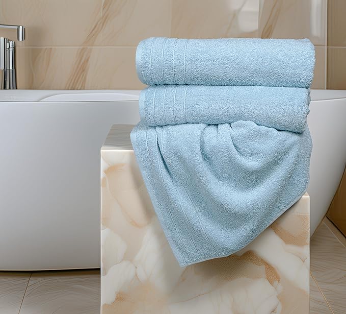 Tens Towels Pack of 8 Towels Set, 2 Extra Large Bath, 2 Hand, 4 Washcloths, 100% Cotton, Lighter Weight, Quicker to Dry, Super Absorbent, Perfect for Bathroom, Sky Blue