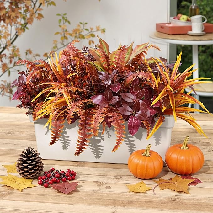 Artificial Fall Plants for Autumn Outdoor Decor Realistic Faux Greenery & Flowers Fake Plastic Leaves with Stems UV Resistant Outside Bushes for Garden Patio and Porch 8Pcs (Fall Color)