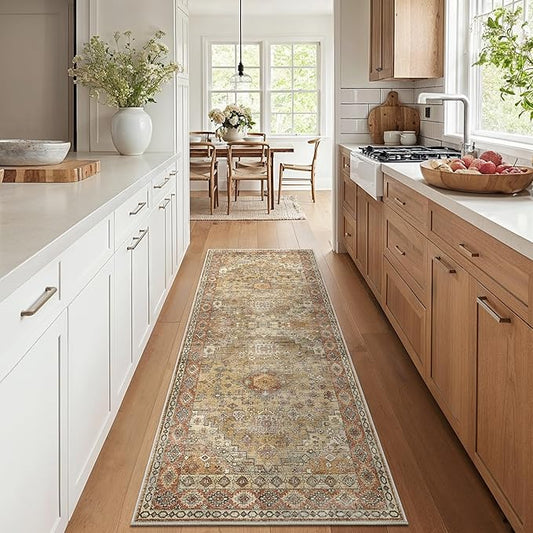 GENIMO 2x5 Washable Runner Rug for Hallway, Vintage Non Slip Low Pile Carpet, Soft Lightweight Printed Rug for Entryway, Kitchen, Corridor & Home Office, Taupe Mocha