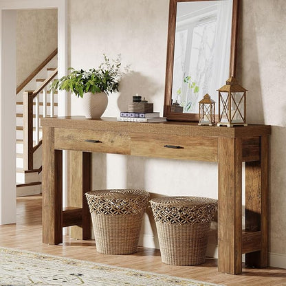 Tribesigns 63" Console Table with 2 Drawers, Farmhouse Entryway Table with H-Shaped Sturdy Legs for Hallway, Living Room, Brown