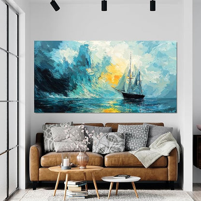 Canvas Wall Art Decor Abstract Canvas Art Wall Decor Abstract Coastal Wall Art Prints Modern Blue Green Wall Art Decorations Artwork for Walls Foggy Boat Bedroom Office Kitchen Wall Decor 20" X 40"