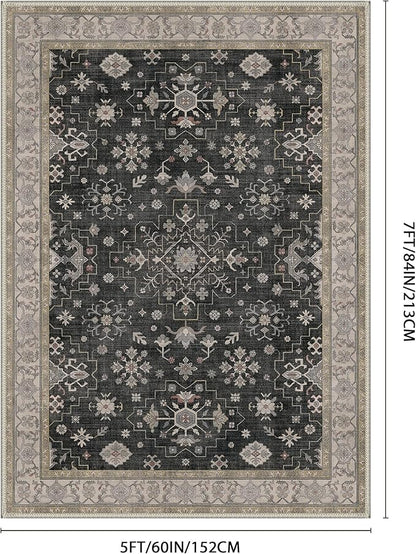 GENIMO 5x7 Area Rugs for Living Room,Machine Washable Non-Slip Vintage Rug, Low Pile Lightweight Carpet for Bedroom, Dining Room, Home Office, Stain & Fade Resistant,Black