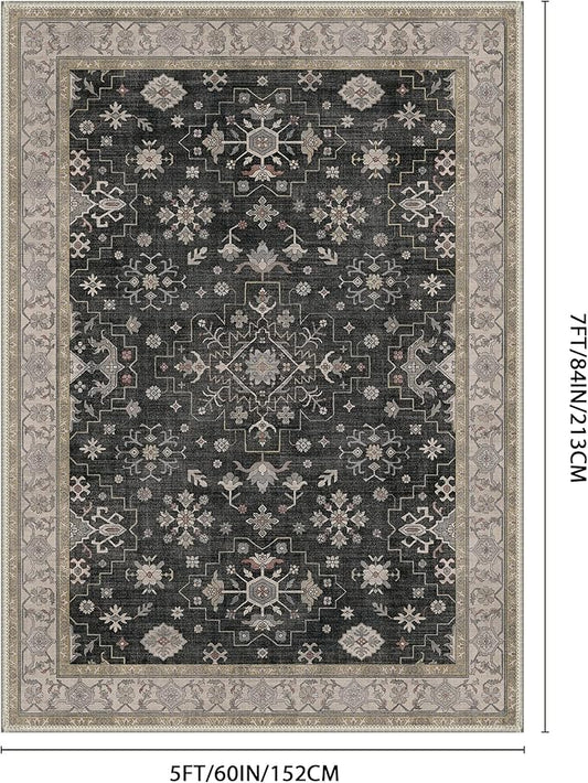 GENIMO 5x7 Area Rugs for Living Room,Machine Washable Non-Slip Vintage Rug, Low Pile Lightweight Carpet for Bedroom, Dining Room, Home Office, Stain & Fade Resistant,Black