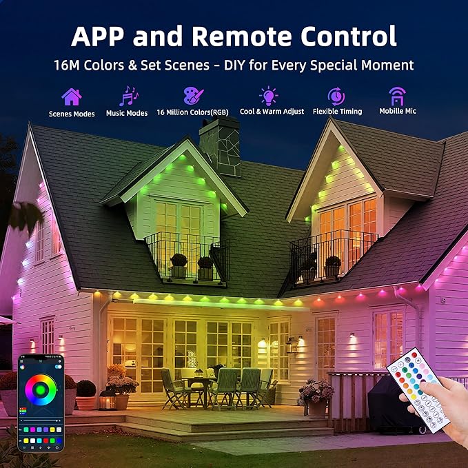 200FT Permanent Outdoor Lights, RGB LED Eaves Lights with App/Remote Control,Waterproof Smart String Lights for Christmas and All Holiday Decor,Daily and Party Lighting,House Roof and Garden Lighting