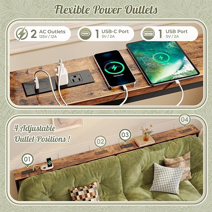 Huuger 102.4 Inch Sofa Table with Power Outlets, 23.9’’-34.4’’ Height Adjustable Range, Behind Couch Table with USB-C Ports, Sofa Tables Narrow Long, Skinny Console Table, Small Spaces, Rustic Brown