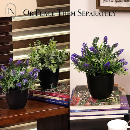 3 PACK 10" H Artificial Plant Greenery Pot (9" W Potted Greenery: Fake Faux Lavender Eucalyptus Boxwood) for Home Decoration Shop Decor Office Desk Dining Table Kitchen Washroom Garden Party Wedding
