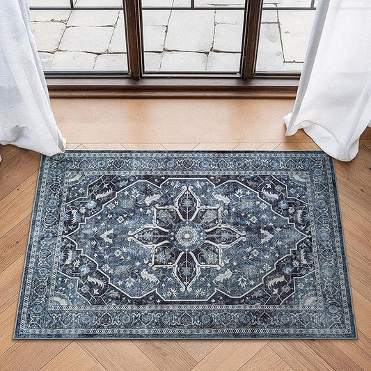 Bloom Rugs Washable Non-Slip 2x3 Rug - Blue/Charcoal Traditional Oriental Area Rug for Living Room, Bedroom, Dining Room, and Kitchen - Exact Size: 2' x 3'