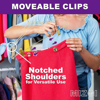 MIZGI Slim Gold Glitter Pants & Skirt Hangers (20 Pack) – Adjustable Gold Clips & Hooks, Transparent Non-Felt, Space-Saving for Dresses, Shirts, Blouses