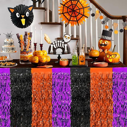 Halloween Party Decorations, 2 Pack Orange Purple Black Wavy Metallic Tinsel Foil Fringe Table Skirts, Perfect Rectangle or Round Table Decor for Halloween Birthday Home Indoor Outdoor Party Supplies