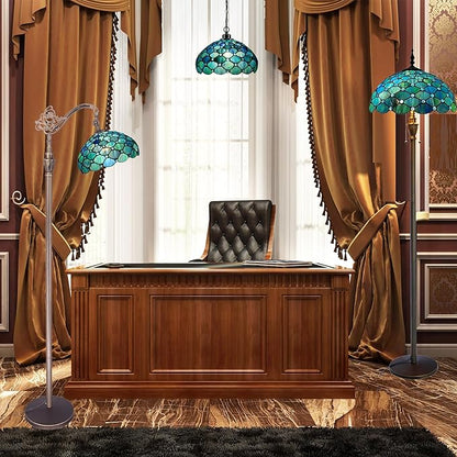 Tiffany Floor Lamp Stained Glass Lamp 18.88X12X67 Inch Angle Adjustable Arched Gooseneck Antique Reading Light (Sea Blue Pearl)