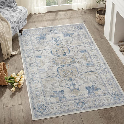 jinchan 3x5 Machine Washable Area Rugs for Entryway - Distressed Vintage Floral Ultra-Thin Low-Pile Soft Non-Shedding Indoor Floor Carpet for Kitchen Bedroom Entrance Laundry Living Room(3x5ft,Blue)