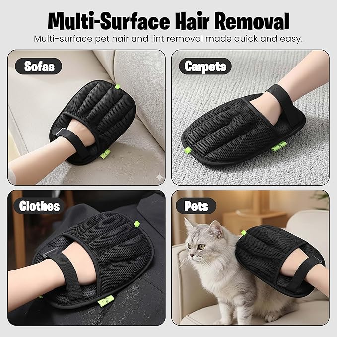Pet Hair Removal Glove With Secure Velcro Strap. Larger, Thicker Five-Finger Electrostatic Hand Mitt, Lint Remover, Couch, Carpet, Car Seat - Includes 2-Pack Laundry Hair Remover Balls. Cats, Dogs