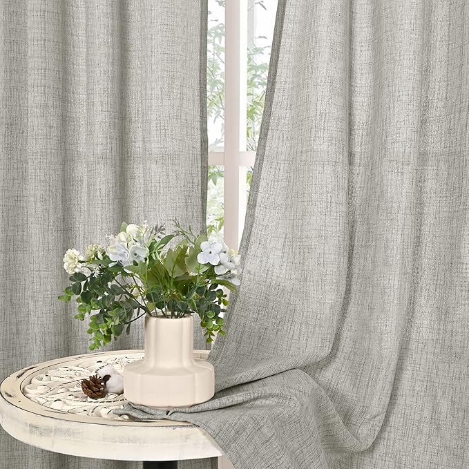 YoungsTex Light Grey Linen Curtains 80 Inches Long for Living Room, Light Filtering Textured Window Drapes with Bronze Grommet Privacy for Bedroom Office Farmhouse, 52 x 80 Inch, 2 Panels