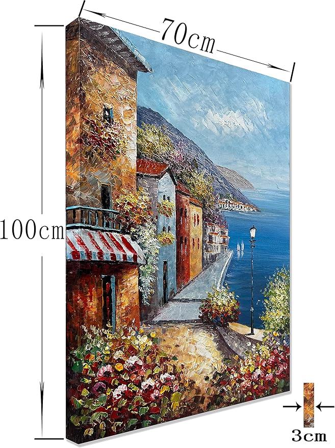 Alenoss Hand Painted Acrylic Large Abstract Modern Oil Paintings on Canvas 28x40 Inches Vertical Wall Art Mediterranean Sea Cityscape Blue Artwork Wall Decor Home Decorations