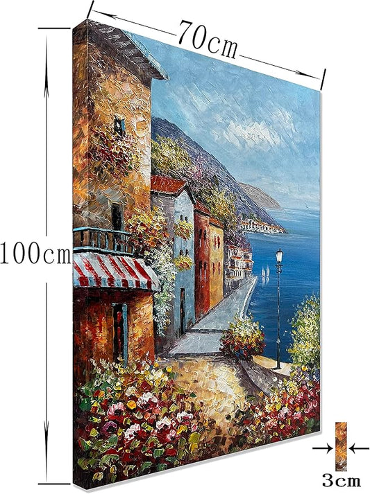 Alenoss Hand Painted Acrylic Large Abstract Modern Oil Paintings on Canvas 28x40 Inches Vertical Wall Art Mediterranean Sea Cityscape Blue Artwork Wall Decor Home Decorations