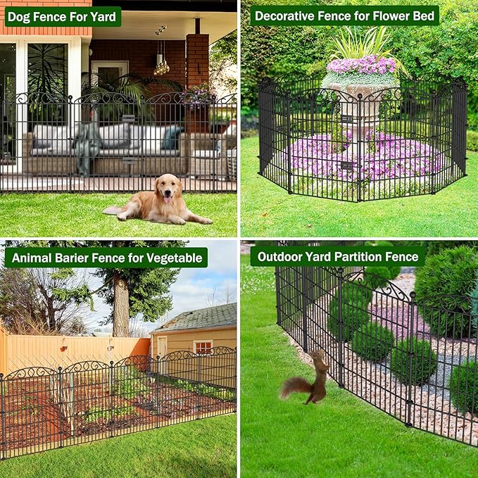 No Dig Decorative Garden Fence 6 Panel with Gate - 36in H x 12ft L, Tall Animal Barrier for Dogs Rabbits, Rustproof Metal Wire Panels for Yard, Patio, and Outdoor Border Use