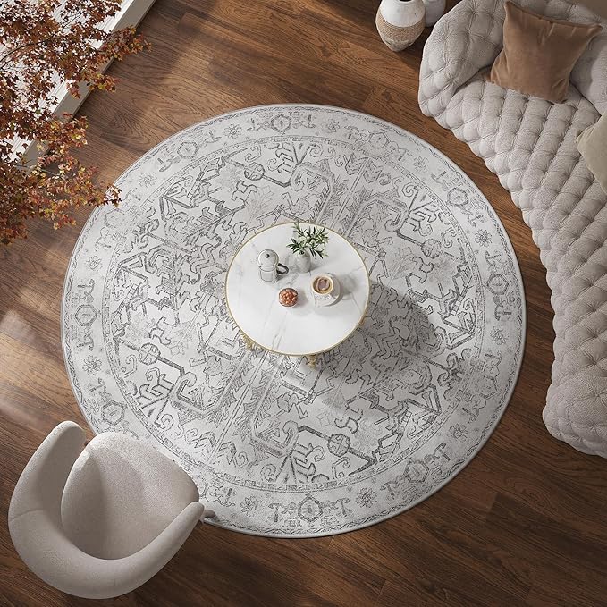jinchan Round Rug 6ft Vintage Machine Washable Area Rug Kitchen Indoor Circle 6' Ultra-Thin Non-Slip Floral Print Carpet for Farmhouse Entryway Dining Room Living Room Bedroom Office (6'Round,Grey)
