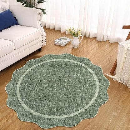 GarveeHome Scalloped Round Area Rugs, Washable Small Round Rug 3 ft Non-Slip, Soft Christmas Ultra-Thin Circle Solid Low Pile Stain Resistant Carpet for Bedroom Entryway Kitchen Laundry, Greyish Green
