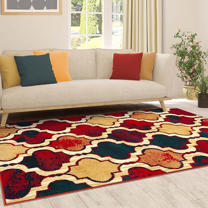 Superior Indoor Small Area Rug, Jute Backed, Perfect for Living/ Dining Room, Bedroom, Office, Kitchen, Entryway, Modern Geometric Trellis Floor Decor, Viking Collection, 4' x 6', Red Blue