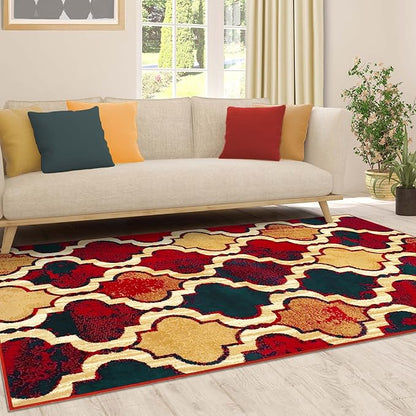 Superior Indoor Small Area Rug, Jute Backed, Perfect for Living/ Dining Room, Bedroom, Office, Kitchen, Entryway, Modern Geometric Trellis Floor Decor, Viking Collection, 4' x 6', Red Blue