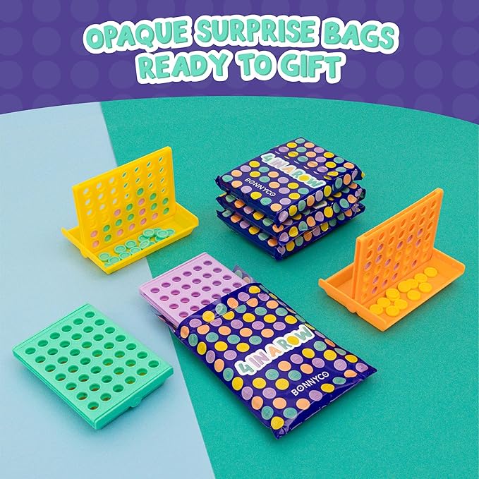 BONNYCO 4 in a Row Pack of 16 Birthday Party Favors for Kids Age 5-12. Classroom Prizes for Students, Bulk Gifts, Mini Travel Board Games and Toys, Goodie Bags and Pinata Stuffers