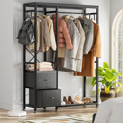 Lulive Clothes Rack, Heavy Duty Garment Rack for Hanging Clothes, Industrial Clothing Racks with Shelves, 2 Fabric Drawers, 4 Hooks, 2 Hanging Rods, Freestanding Closet Organizer, Black