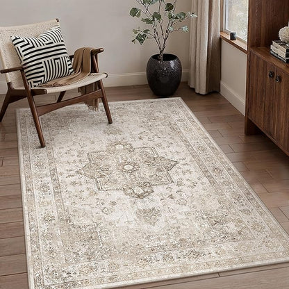 Taupe Area Rug 3x4 Washable Vintage Carpet for Office Kitchen Non Slip Retro Distressed Door Mat Low Pile Soft Oriental Medallion Thin Small Throw Rug Entryway Bedroom Bathroom Dining Room