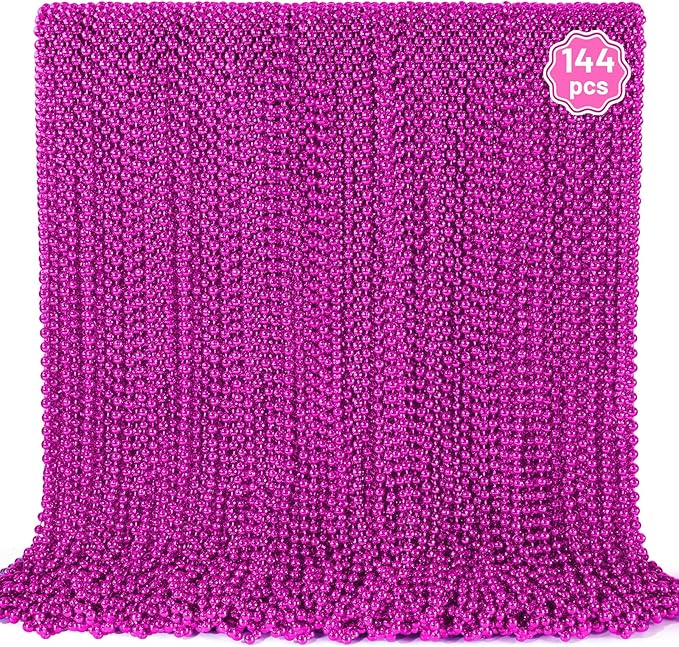 YAXINRUI 144 PCS Hot Pink Bead Necklaces, Pink Mardi Gras Beads, Cancer Awareness Bead Necklace, Valentine Necklace, 33 Inch Round Party Beads for Mardi Gras Christmas Cancer Awareness Month Events