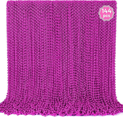 YAXINRUI 144 PCS Hot Pink Bead Necklaces, Pink Mardi Gras Beads, Cancer Awareness Bead Necklace, Valentine Necklace, 33 Inch Round Party Beads for Mardi Gras Christmas Cancer Awareness Month Events