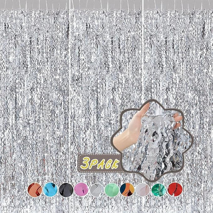 3 Pack Wave Silver Tinsel Curtain - 3.3x6.6 Feet Foil Streamers Birthday Party Decorations Wedding Background Decor Photo Booth Props