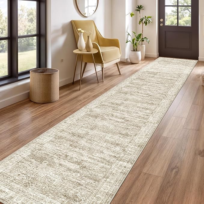 Washable Runner Rug 2.5x14, Non-Slip Long Hallway Runner for Entryway, Soft Vintage Kitchen Mats for Floor, Abstract Dining Room, Bedroom, Living Room Rugs(2.5'x14', Brown/Ivory)