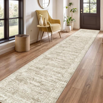 Washable Runner Rug 2.5x14, Non-Slip Long Hallway Runner for Entryway, Soft Vintage Kitchen Mats for Floor, Abstract Dining Room, Bedroom, Living Room Rugs(2.5'x14', Brown/Ivory)