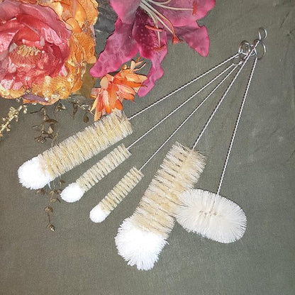 NewFerU Stainless Steel Soda Bottle Cleaning Brush Set in Natural Boar Bristle Wool Tip Long Handle, Flexible Bendable Thick Wire Cleaner for Narrow Neck Water Baby Bottles Straw Pipe Tube Flask (5)