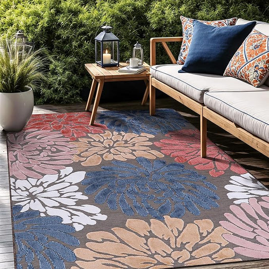 Floral Indoor Outdoor Rugs 10x14 Large Area Rug for Living Room, Patio Decor, Kitchen, and Entryway Rug, Washable Stain Resistant Outside Carpet Brown 10 x 14