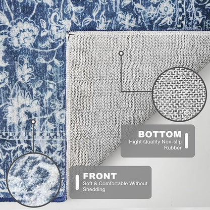 KILOCOCO Area Rug 5ft Round Living Room Rug Washable Printed Vintage Floral Bedroom Rugs Non Slip Entryway Rugs for Kitchen Dining Room Laundry Room Playroom, Blue
