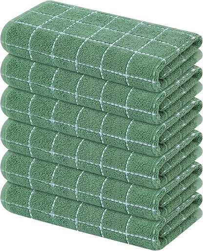Mordimy 100% Cotton Terry Cloth Kitchen Towels, Super Soft and Absorbent Dish Towels for Drying, Checkered Designed Hand Towels for Kitchen, 16 x 26 Inches, 6 Pack, Grass Green