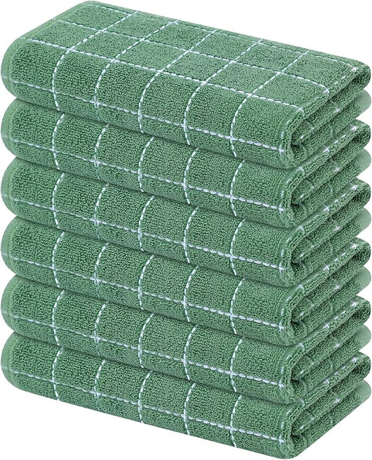 Mordimy 100% Cotton Terry Cloth Kitchen Towels, Super Soft and Absorbent Dish Towels for Drying, Checkered Designed Hand Towels for Kitchen, 16 x 26 Inches, 6 Pack, Grass Green