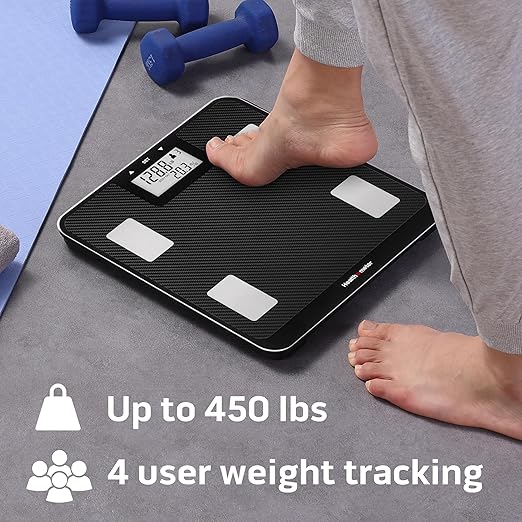 Health o meter Digital Body Composition Scale – BMI, Body Fat & Water Mass Measurement, Multi-User Tracking, 450 lb Capacity, Step-On Carbon Fiber Platform, Backlit Display, 3 AAA Batteries Included
