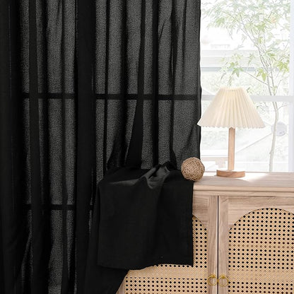 YoungsTex Black Linen Curtains 48 Inch Length for Short Windows, Light Filtering Semi Sheer Drapes with Bronze Grommet Privacy Halloween Decor for Kitchen Bathroom Living Room, 42 x 48 Inch, 2 Panels
