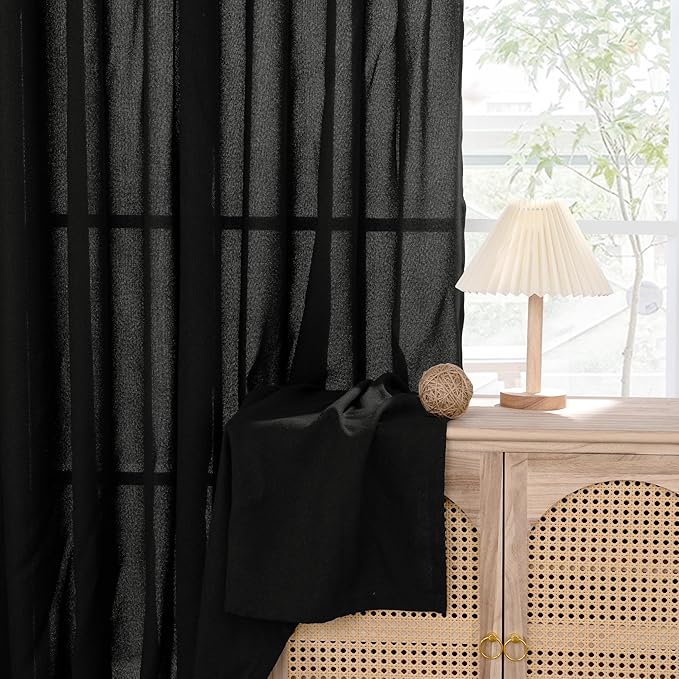 YoungsTex Black Linen Semi Sheer Curtains 95 inch Long 2 Panels, Bronze Grommet Light Filtering Drapes Floor Length for Living Room Bedroom Hallown Gothic Decorative, 52 X 95 Inch