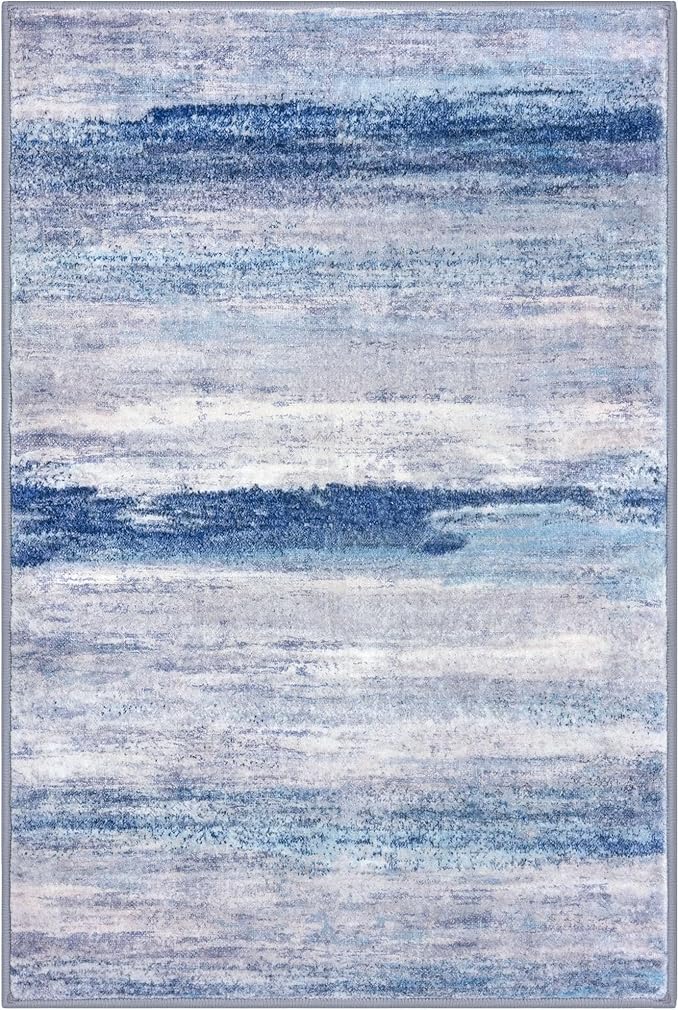KOZYFLY Modern Abstract Small Area Rugs, 2x3 Washable Kitchen Rug Non-Slip Soft Small Bathroom Rug, Blue/Grey/Beige Striped Entryway Rugs Abstract Print Faux Wool Doormat for Bedside Entrance Bedroom