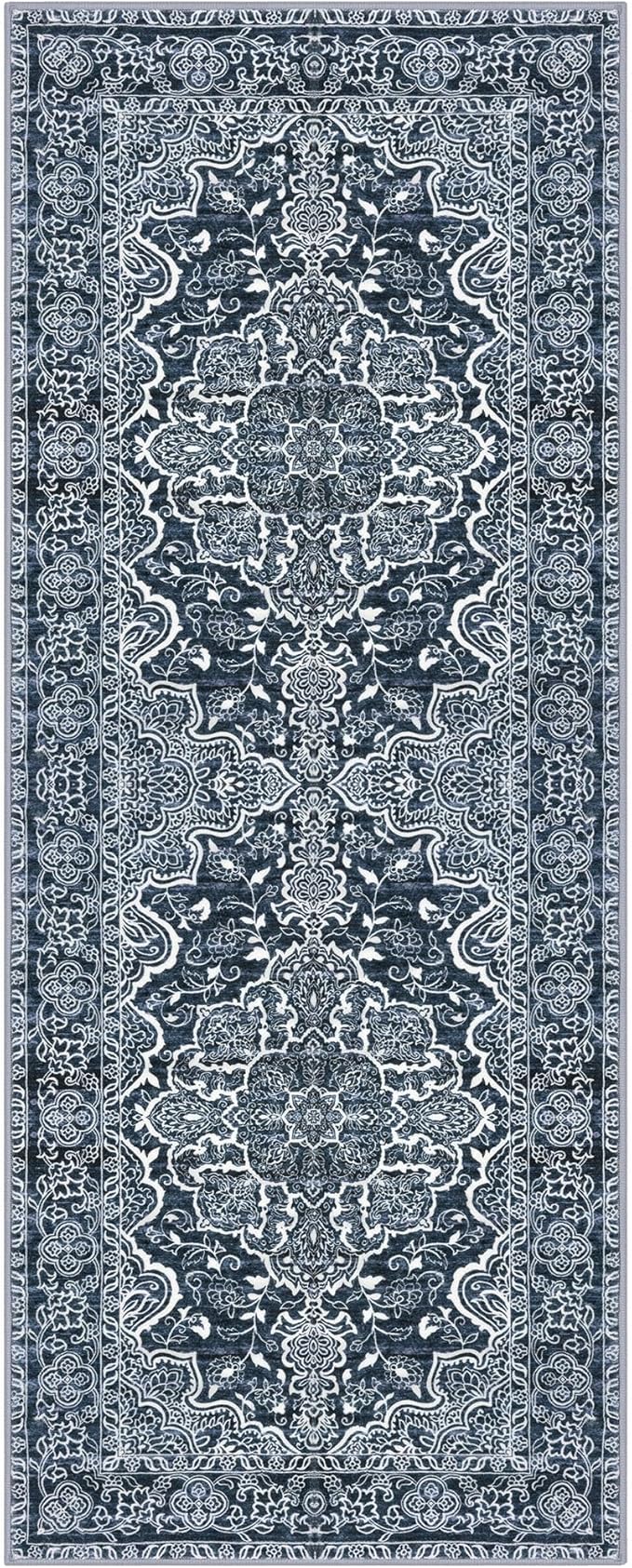 KUTA Vintage Washable Runner Rug, 2x5 Runners Non-Slip Navy Blue 5ft Hallway Kitchen Rugs Ultra Soft Printed Distressed Tribal Farmhouse Carpet for Bedroom Entryway Decor