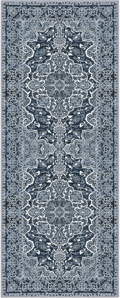 KUTA Vintage Washable Runner Rug, 2x5 Runners Non-Slip Navy Blue 5ft Hallway Kitchen Rugs Ultra Soft Printed Distressed Tribal Farmhouse Carpet for Bedroom Entryway Decor