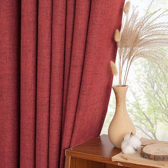 YoungsTex Burgundy Red Linen Curtains 80 Inch Length for Living Room, Light Filtering Semi Sheer Drapes with Back Tab Rod Pocket for Christmas Bedroom Dining Room, 2 Panels, 52 X 80 Inch