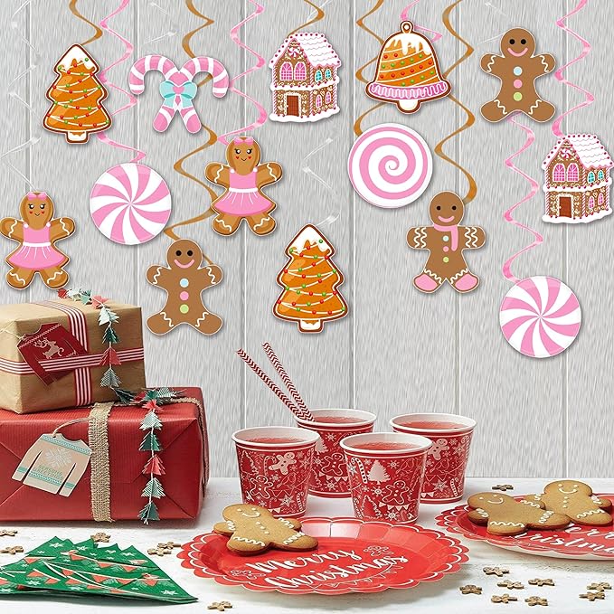 Christmas Gingerbread Man Party Hanging Swirl Decorations 20PCS Pink Merry Gingerbread House Christmas Tree Ceiling Decor Xmas Candy Hanging Streamers for Girls Winter Holiday Party Supplies