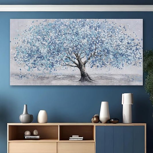 Tree of Life Wall Art Blue Tree Picture Wall Decor Artwork Framed Abstract Canvas Painting Nature Decor for Living Room Bedroom Bathroom Office Home Decor 58"x29"Can Be Hung Directly
