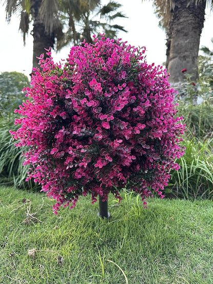 Artificial Boxwood Topiary Ball Tree with Ground Spike 27.5", Set of 2 Outdoor Faux Plants UV Resistant Fake Bushes Shrubs for Garden, Yard, Porch, Patio Decor (Hot Pink)