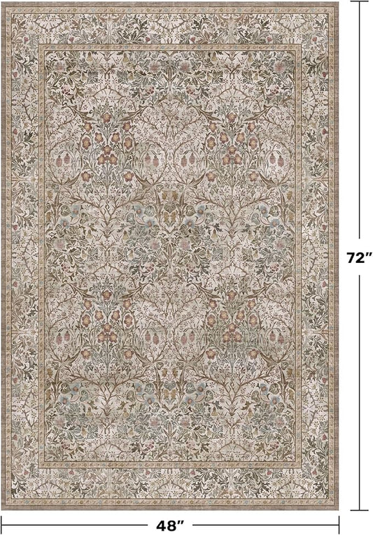 Vintage 4x6 Entryway Rug, Washable Area Rugs for Mudroom, Bedside Rugs Bedroom, Large Kitchen,Living Room, Office, Dorm, Non-Slip Low Pile Soft Stain Resistant Carpet Floral Moss Green Taupe Decor