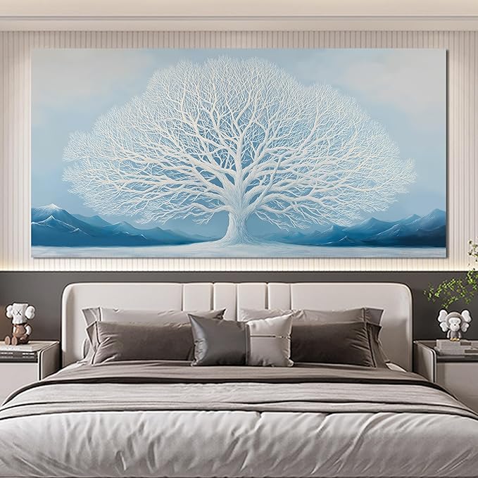 Trogonup White Tree of Life Wall Art for Bedroom Large Blue Landscape Mountain Artwork for Living Room Office Home Kitchen Modern Canvas Prints Ready to Hang 29x58 Inches